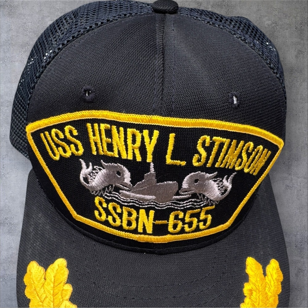AJD USS Henry L. Stimson SSBN-655 Navy Officer Style Trucker Hat Gold Oak Leaf